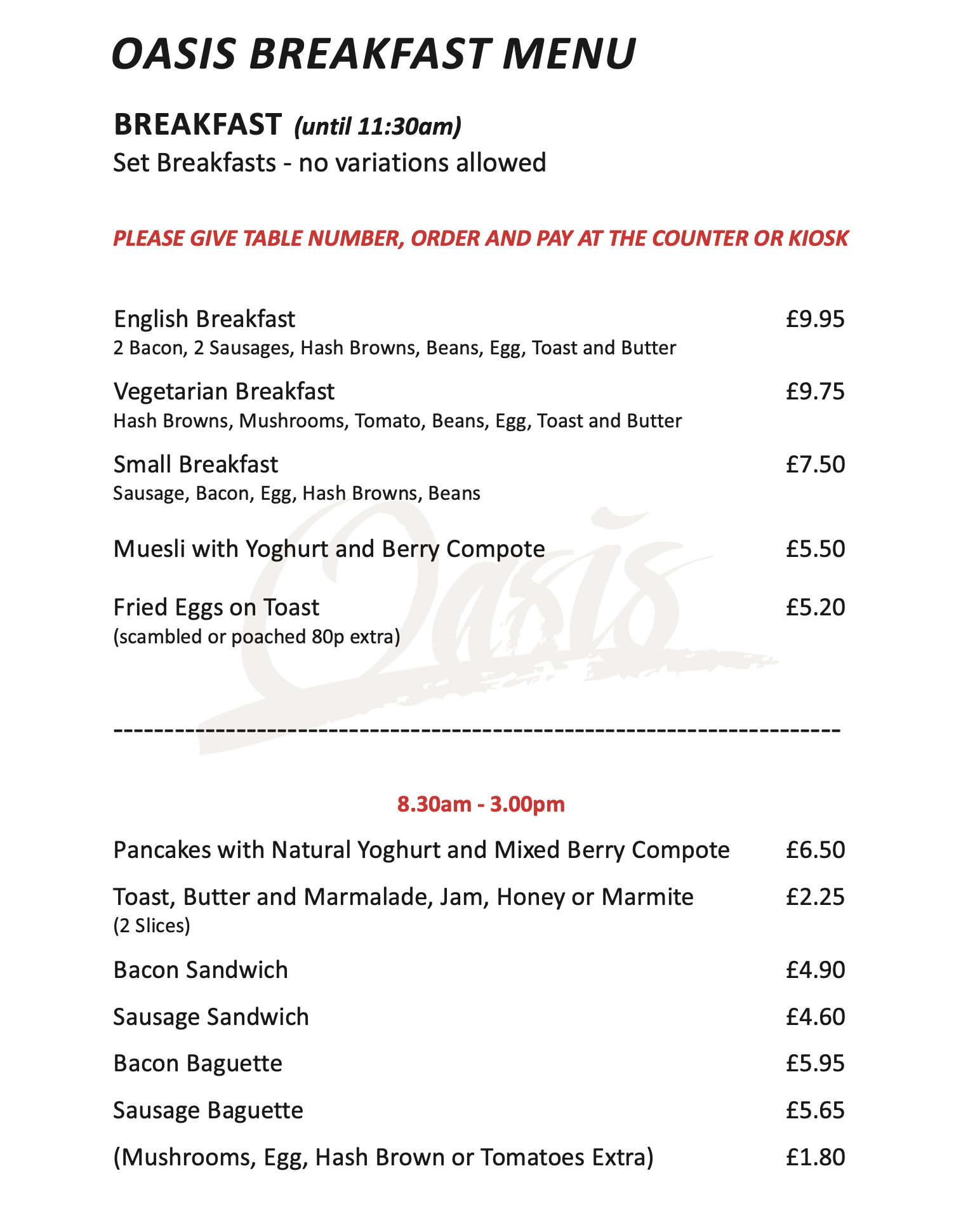 Cafe Oasis Menu - Cafe Oasis Weymouth